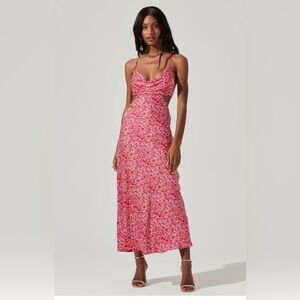 Colette Floral Satin Cutout Midi Dress In RED FUCHSIA FLORAL